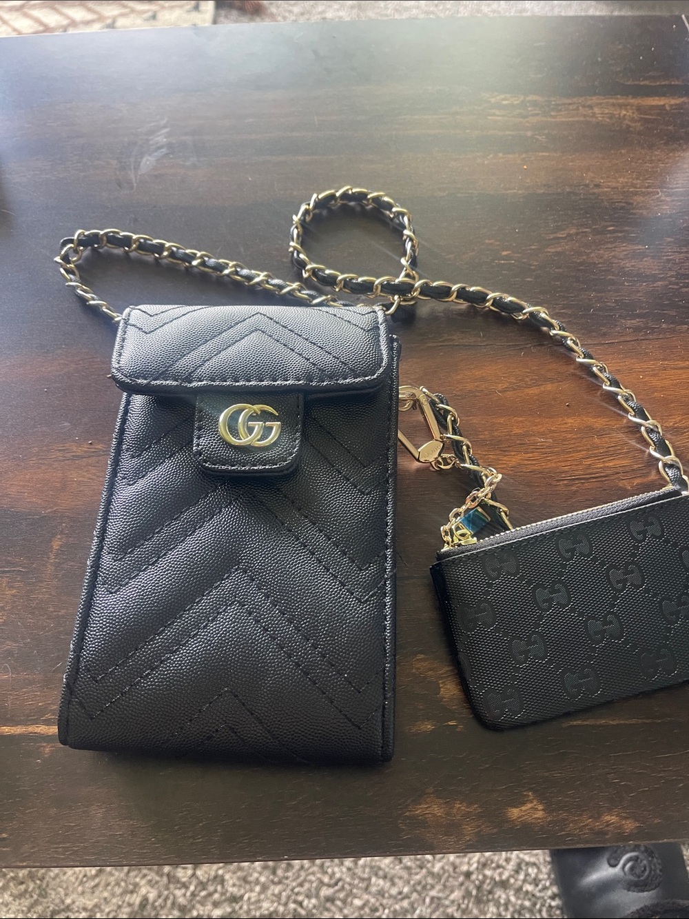 Gucci designer Black Quilted Leather Chain Crossbody Phone Pouch with case